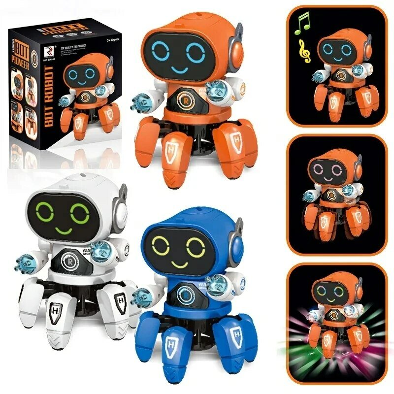 Robot phtalique musical à 6 griffes avec lumière LED, jouet coule pour enfants, dos mignon, batterie non incluse