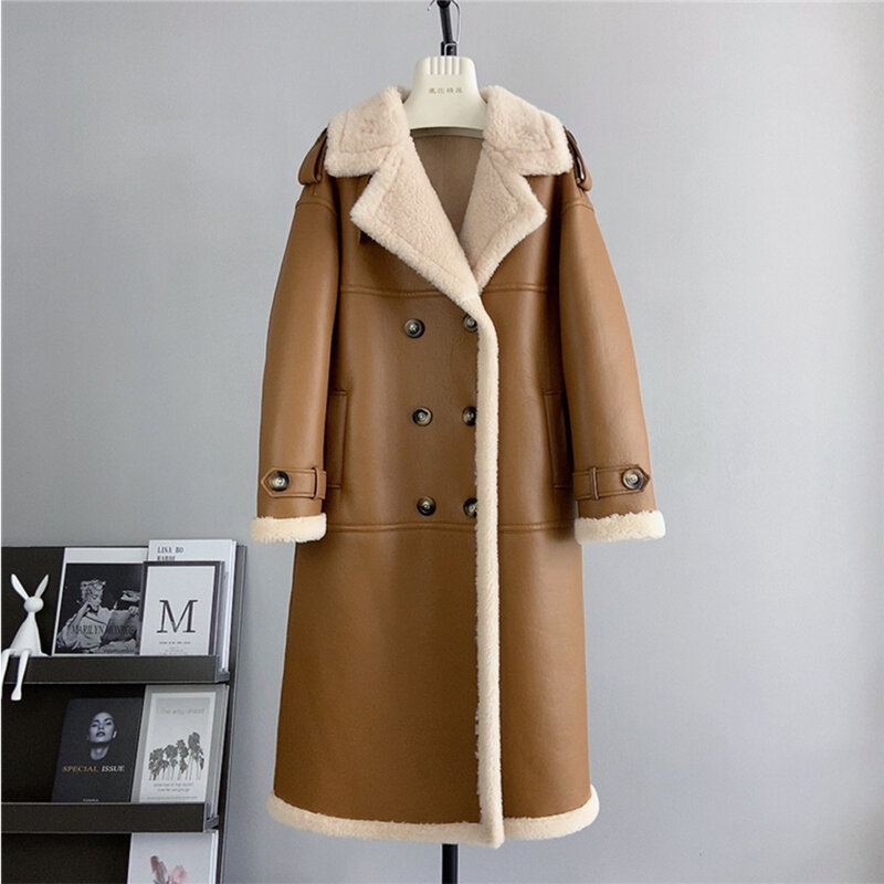 Jaqueta grossa de lã feminina, casacos longos, sobretudos de trajeto, couro PU, colarinho de lapela, texturizado, quente, luxo, fêmea, inverno