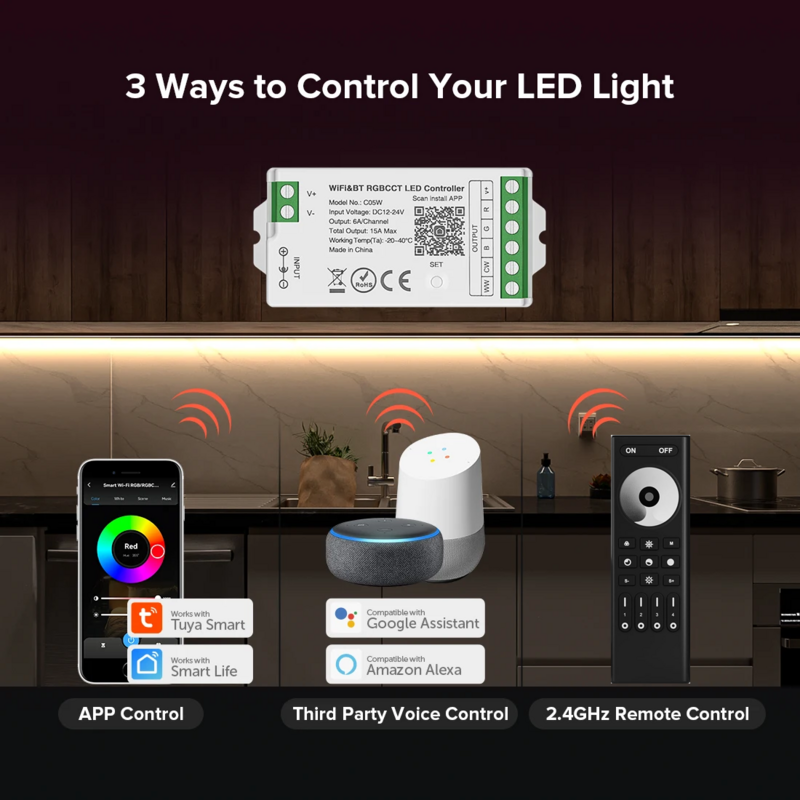 Controlador LED inteligente Tuya, WiFi, Alexa, Google Home, Bluetooth, voz, CCT, RGB, RGBW, atenuador, tira de luz LED, IOS, Android, 2,4G, DC12V, 24V