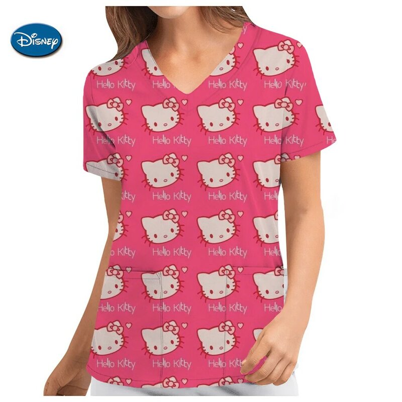 Assistenza sanitaria infermiera tunica uniformi donna manica corta scrub medico top Hello Kitty stampa tasche abbigliamento da lavoro infermiera uniforme clinica