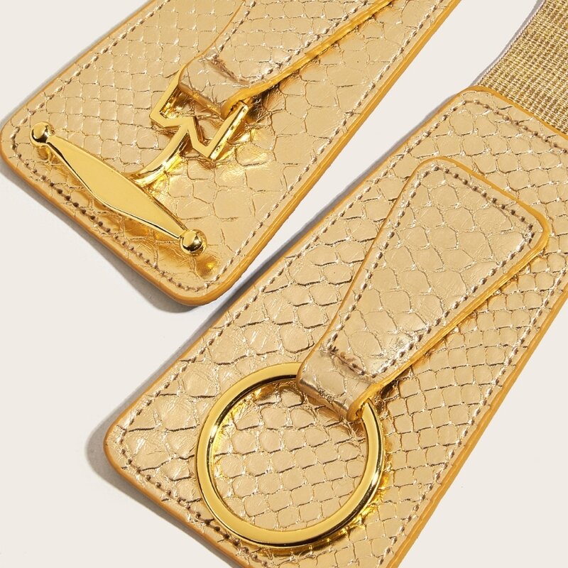 Cinturón piel serpiente dorada para vaquera, vaquera con hebilla Metal, cinturón elástico Vintage, cadena ancha para