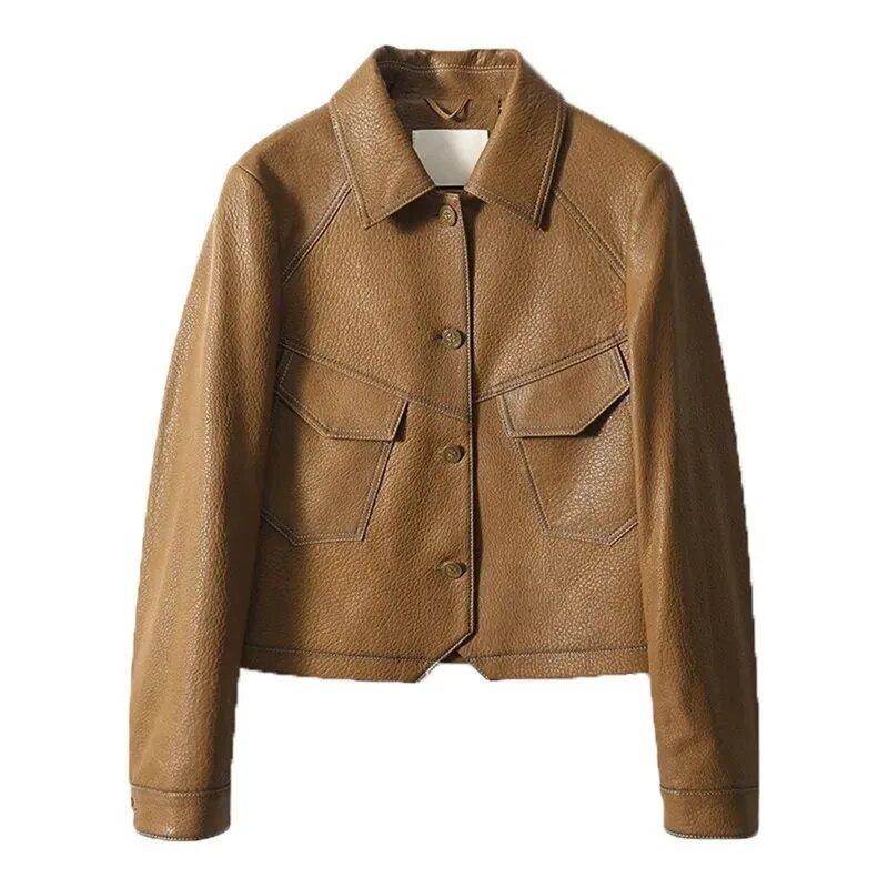 2023 High-End Brown Women PU Leather Outwear Button Outfit Spring Autumn Women Fashion Short Thin Female Leather Jacket