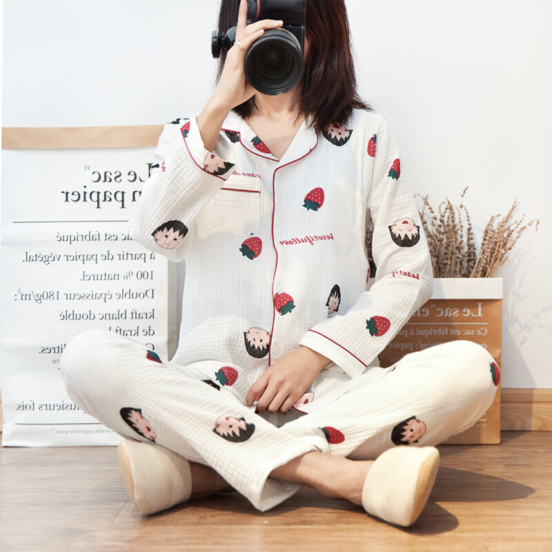 Setelan Piyama Menyusui Katun Dicuci Krep Musim Semi Musim Panas Kerah Jatuh Tipis Lembut Bernapas Kurungan Pakaian Tidur Loungewear