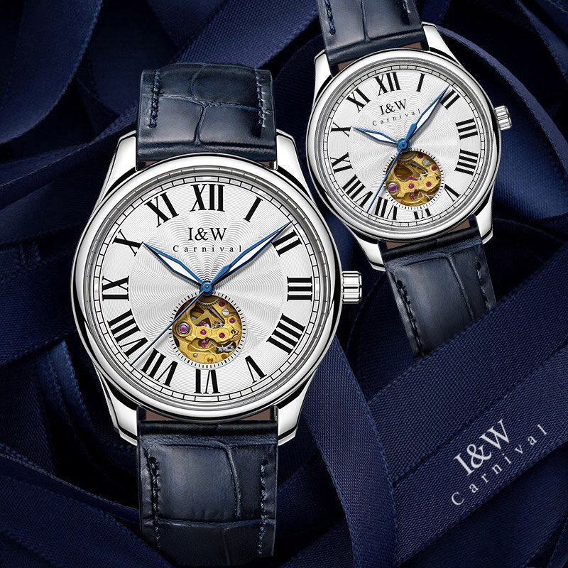Karnawałowa marka IW luksusowy ruch MIYOTA dla miłośników zegarka mechanicznego dla mężczyzn kobiet modne niebieskie skórzana szafirowa pusta zegarek dla pary