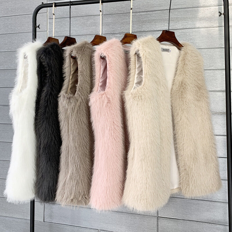 Women Coat Covered Button Sleeveless Outwear Cardigan Solid Color Round Neck Loose Casual Fashion Slim Fur 2023 Autumn