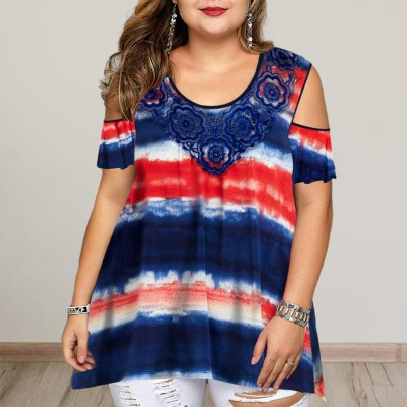 Plus Size Cold Shoulder Women Blouse Short Sleeve Lace Flower Stitching Striped Tie-dye Print Loose Pullover Top Shirts Blouse