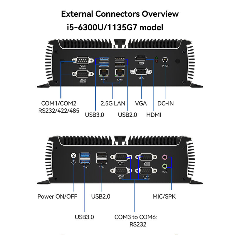 XCY-جهاز كمبيوتر صغير بدون مروحة الصناعية ، إنتل i5-1135G7 ، 6x كوم ، RS232 ، RS485 ، 2x PCIe صغير ، واي فاي ، 4G ، LTE ، CAN-Bus ، ويندوز ، لينكس ، IPC