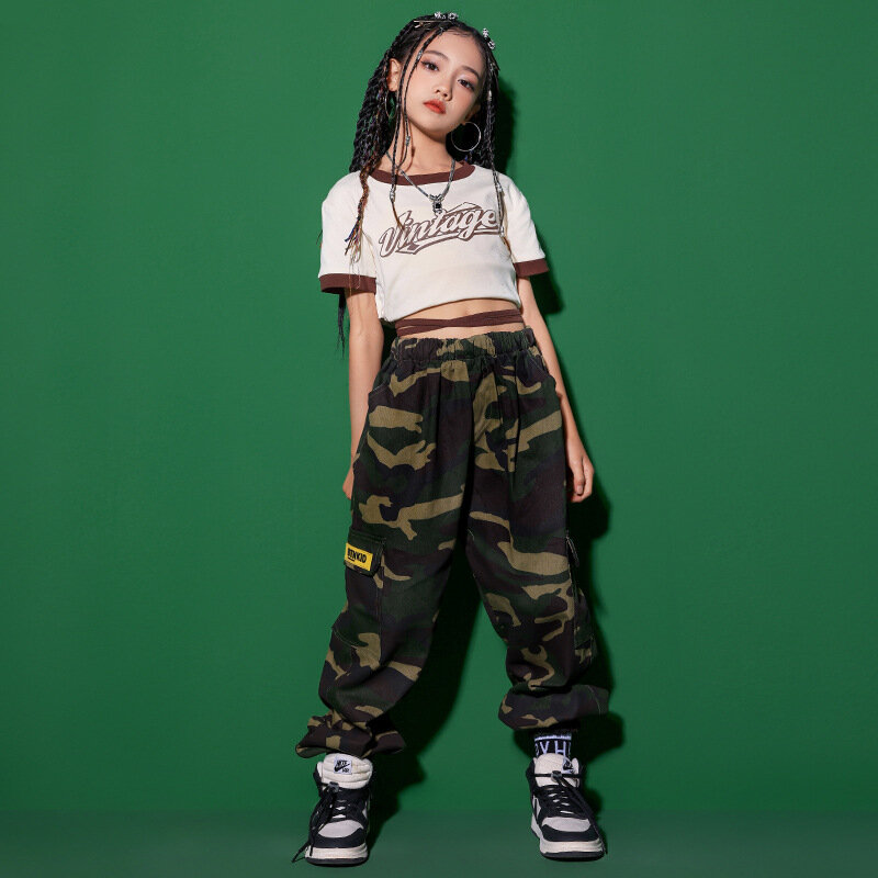 Kid Hip Hop Clothing Beige Lace up Crop Top T Shirt Camouflage Casual Cargo Jogger Pants  for Girls Jazz Dance Costume Clothes
