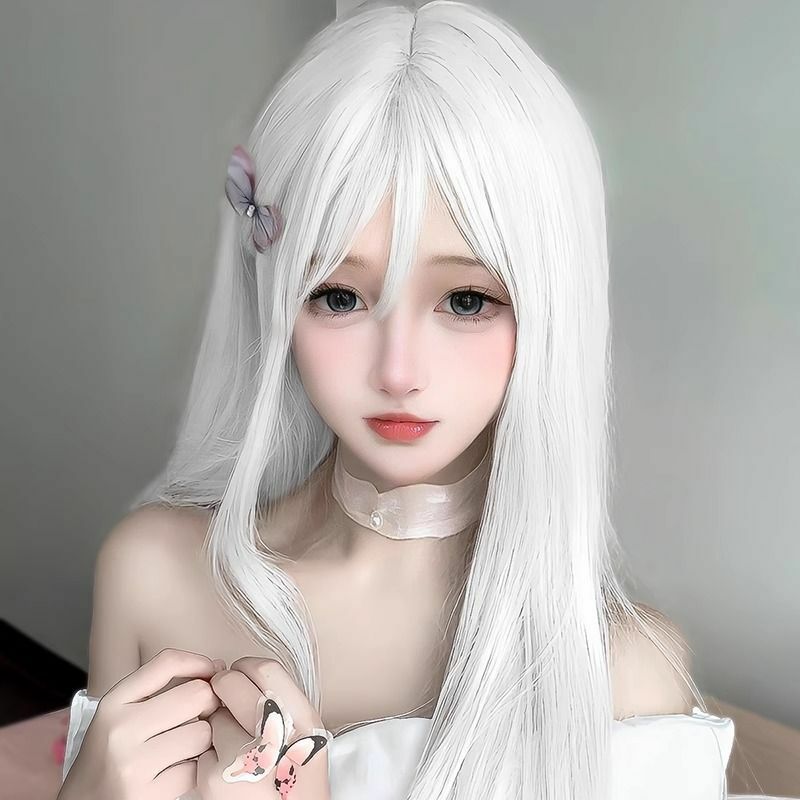 60cm Long Straight White Synthetic Wigs for Afro Women with Bangs Daily Lolita Cosplay Hair Natural Wig Heat Resistant Fiber Wig