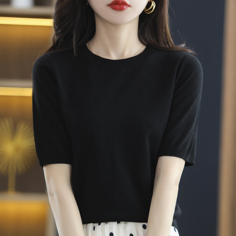 Suéter de lana pura para mujer, camisa de media manga con cuello redondo de estilo coreano, ropa exterior delgada, primavera y verano, 100%