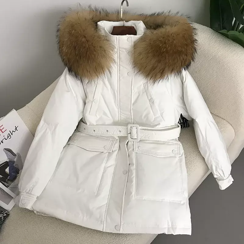 FURYOURSELF 2023 Real Fox Raccoon Fur Collar Hooded Winter Women Duck Down Jacket Belt Female Thick Warm Coat Luxury Outerwear