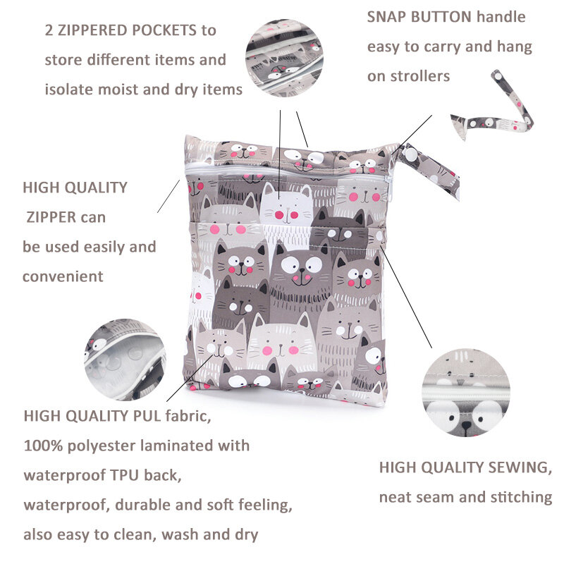 20X25CM Waterproof PUL Two Zippered Pockets Small Pouch Cloth Diaper Bag Wet Dry Bags for Baby Clean Soiled Items Travel Beach
