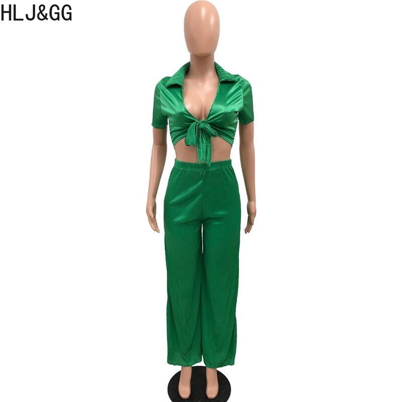 HLJ & GG pakaian jalanan wanita, set dua potong perban Ruched Solid lengan pendek V dalam dan celana kaki lebar