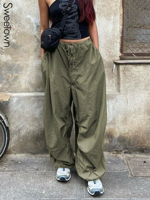 Sweetown-Calça casual feminina de perna larga larga larga, calça branca com cordão solto, streetwear de cintura baixa, calça cargo, corredores hippie