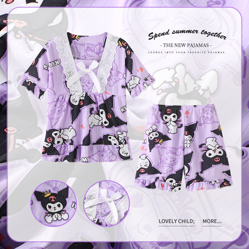 Pijama Kawaii Sanrio Cinnamoroll para niños, conjunto de dos piezas con lazo, Anime My Melody Kuromi, ropa de dormir para el hogar, Top de verano para niña