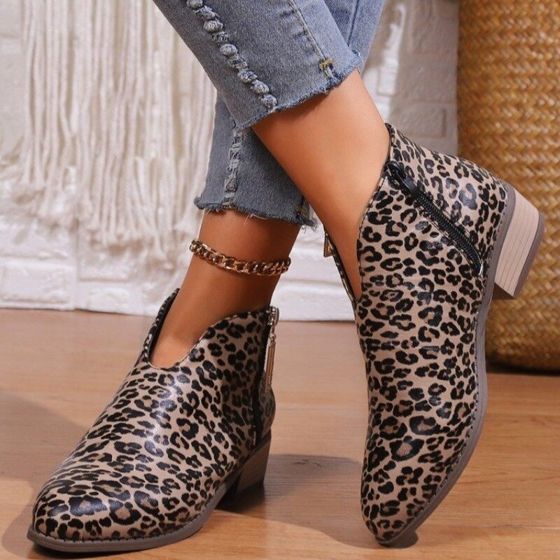 Зима 2023, новые женские ботинки челси, остроносые ботильоны, обувь с леопардовым принтом, женская кожаная повседневная обувь с боковой молнией