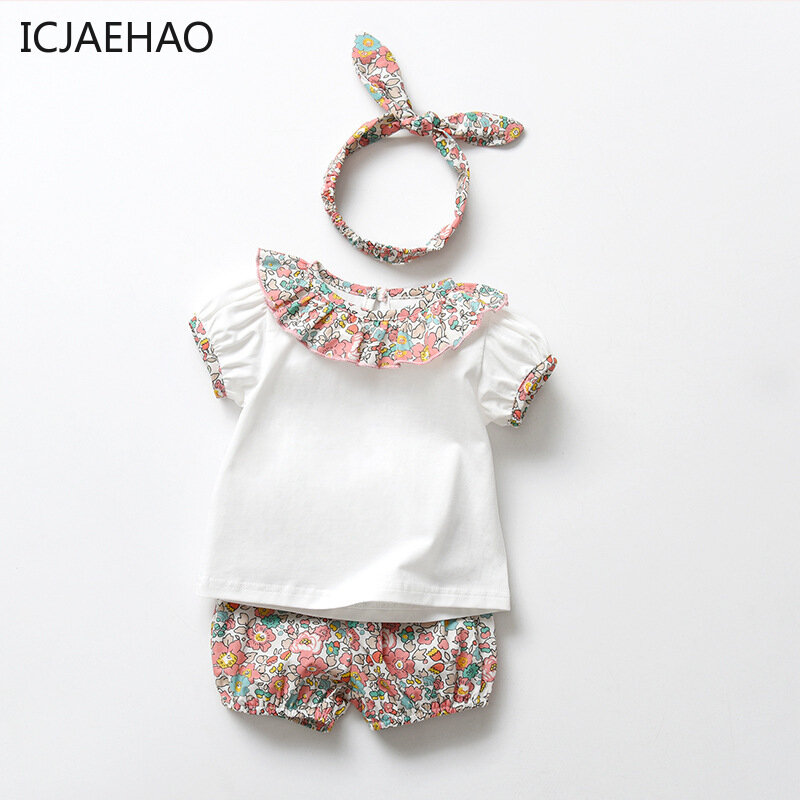 ICJAEHAO 2024 Summer Girls Baby T Shirt And Shorts Sets Children Casual Short Sleeve Blouse + Shorts Suits With Headwear baby 24