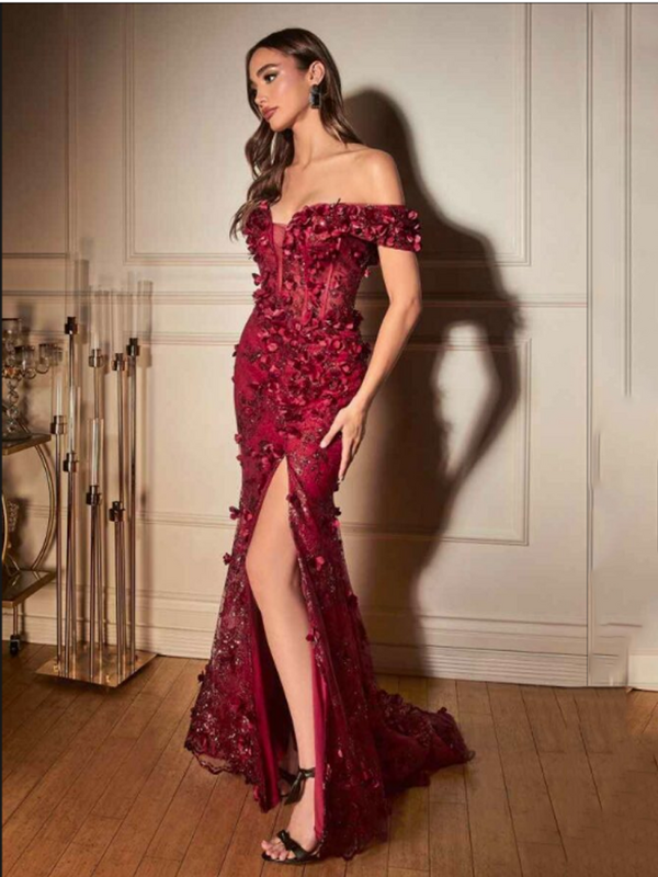 Oisslec Evening Dress Floral Appliques Prom Dress Splits Fromal Dress Tight Celebrity Dresses Zipper Up Party Dress  Customize