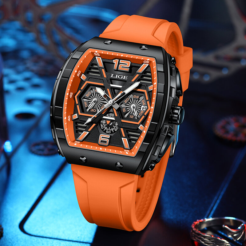 LIGE-Relógio de quartzo de luxo masculino, pulseira de silicone, cronógrafo esportivo, relógio de pulso retangular masculino, impermeável, relógios luminosos