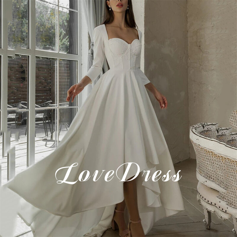 Love Elegant Lace Applique Sweetheart High Low Stain Wedding Dress A-Line Three Quarter Floor Length Bride Gown Vestido De Novia