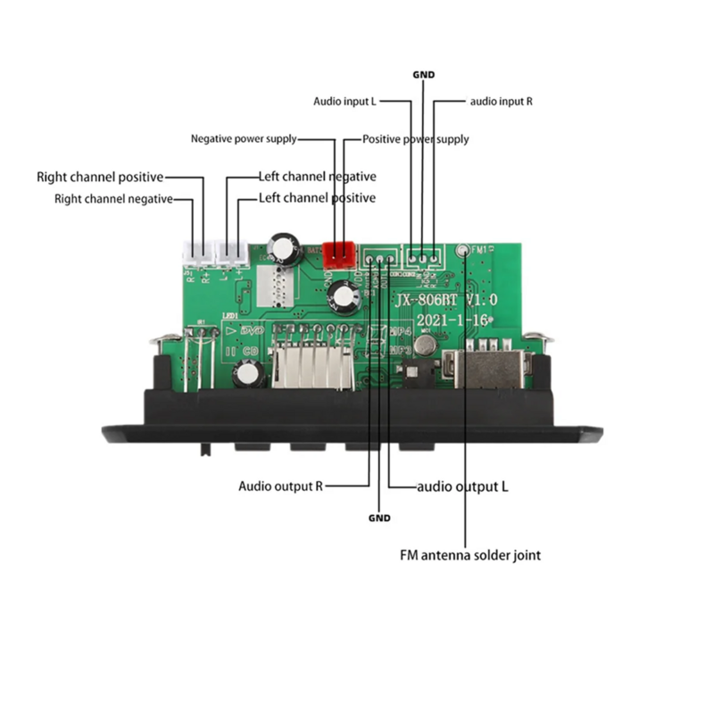 Placa do decodificador para o jogador mp3, 2x25w 50w, 5v-12v, bluetooth 5,0, módulo de rádio do fm, tf do apoio, usb, aux, grupo 5