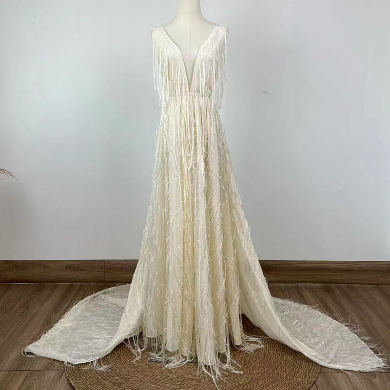 Don & Judy-vestido De novia largo con borlas para mujer, traje De noche bohemio con Espalda descubierta, abertura lateral, para fotografía