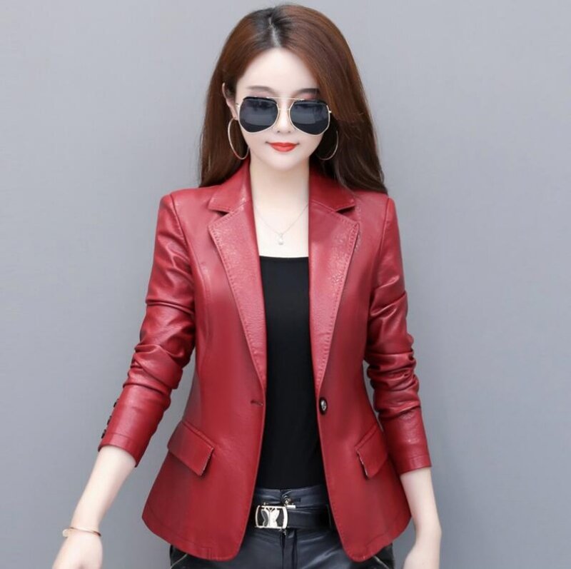 Куртка женская из натуральной кожи, Модный приталенный пиджак из овчины в Корейском стиле, повседневный жакет из натуральной кожи черного, красного цветов, на весну