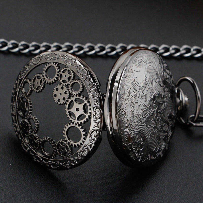 Black/Silver/Gold/Brown Hollow Skeleton Gear Pocket Watches Necklace 30cm Waist Hook Chain Quartz Clock