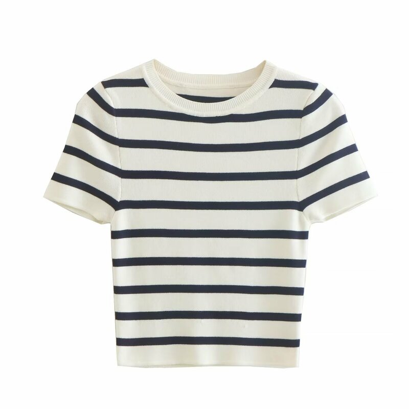 Spring Sweaters New Women's European and American Style Stripe Round Neck Short Sleeve Off waist Short T-shirt Pullover Jumpers
