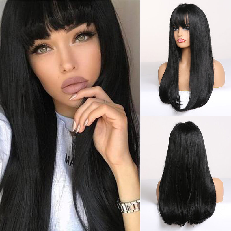 High temperature wire black long straight women's wig full bangs natural straight daily wig party wig