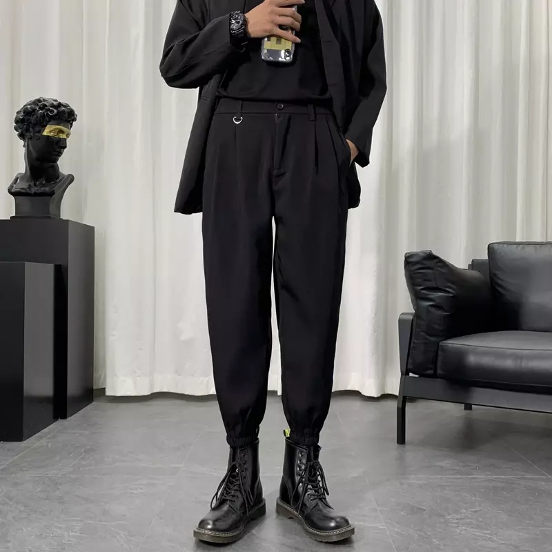 Nowe męskie spodnie elastyczne Slim Fit biurowe średnio wysoka talia klasyczne spodnie Casual