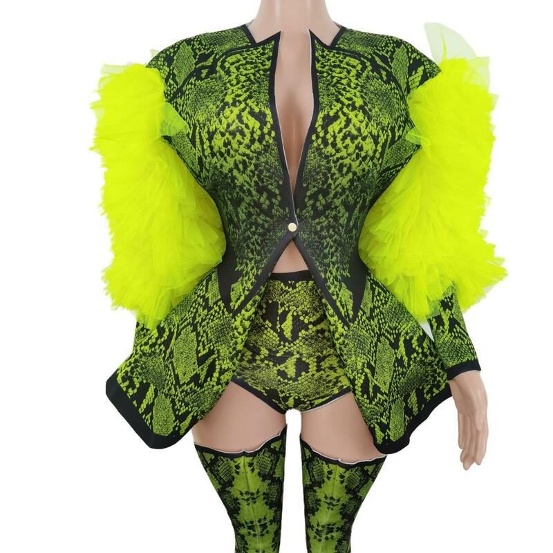 Conjunto de tres piezas con estampado de serpiente verde fluorescente para mujer, traje de Halloween, chaqueta, Body para Festival, Ferformance