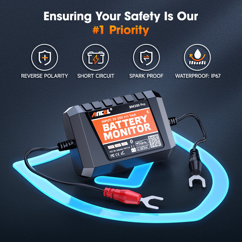 ANCEL BM300 PRO 6V 12V 24V Bluetooth Battery Monitor Battery Health Analyzer Charging Cranking System Test/Alarm Battery Tester