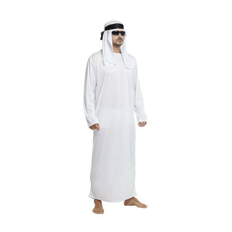 Albornoz clásico de Oriente Medio para hombre, Túnica musulmana blanca con pañuelo en la cabeza, cuello redondo árabe saudita, mangas largas, caftán Islámico