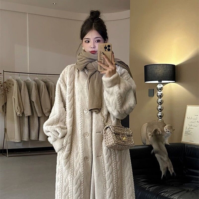 Abrigo de piel de imitación para mujer, abrigo largo de visón grueso por encima de la rodilla, respetuoso con el medio ambiente, de alta calidad, Invierno 2024