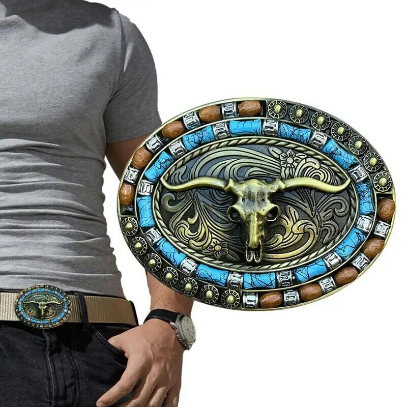 Hebilla de cinturón de vaquero occidental con grabado Vintage, hebilla de cinturón con patrón de toro de cuerno largo, moda y desgaste