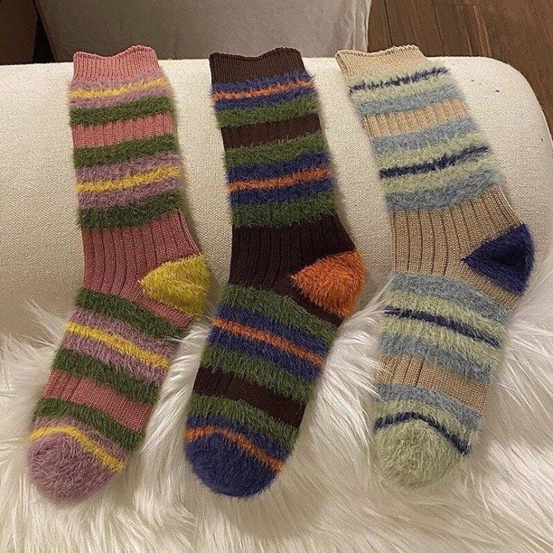 1/2pairs Women Striped Colorblock Mink Velvet Socks Kawaii Winter Thicken Warm Socks Sleep Bed Floor Home Fluffy Sock Harajuku