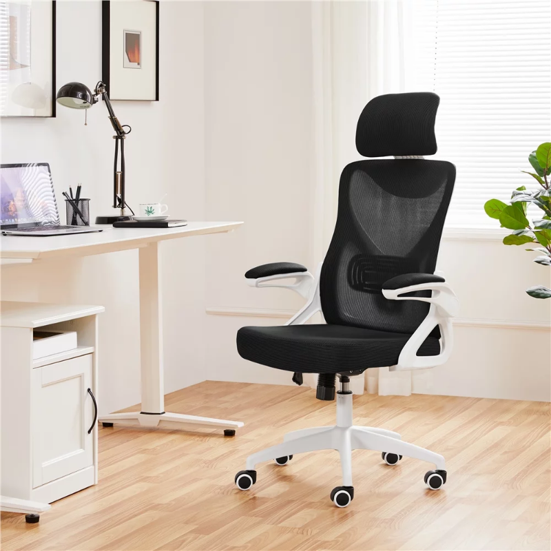 Kursi kantor jaring ergonomis punggung tinggi, dengan sandaran kepala empuk yang dapat disesuaikan, putih/hitam