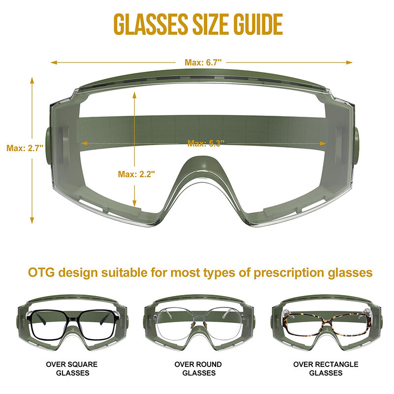 ONETIGRIS 안경 위의 전술 고글, 김서림 방지 전술 안경, 안전 OTG 고글 보호, 교환 가능한 렌즈 포함