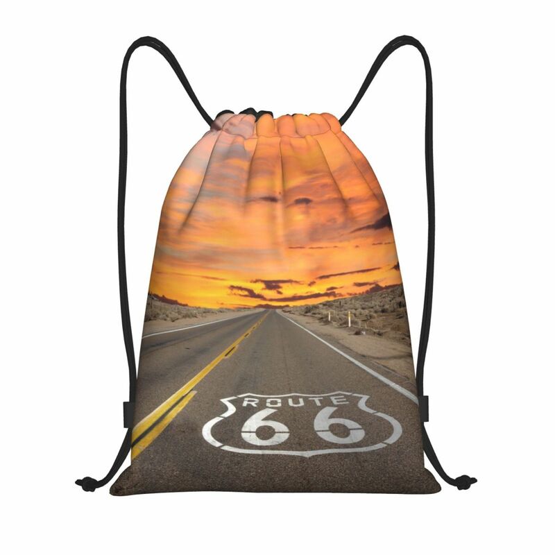 America Highway 66 tas tali serut Pria Wanita, tas punggung olahraga Gym portabel, ransel belanja jalanan utama Amerika