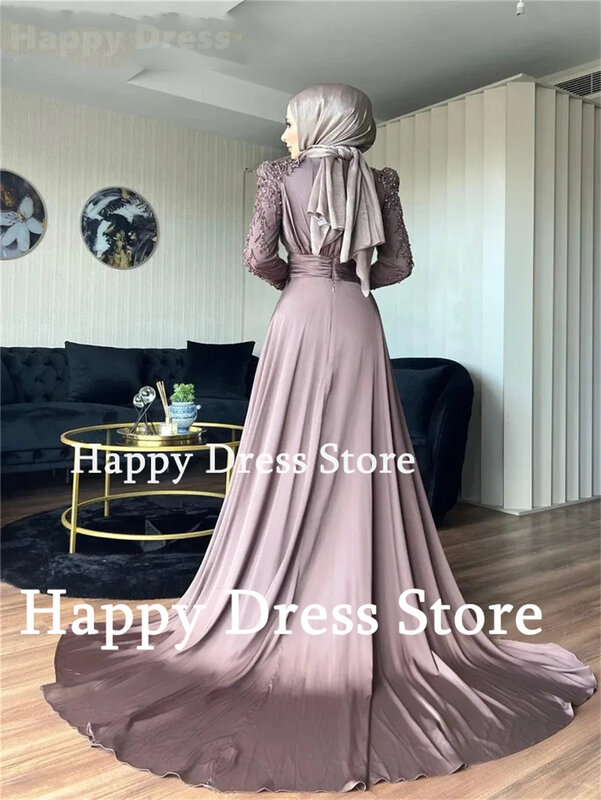 Grey Muslim Prom Dress O-Neck Lace Appliques Beading Long Sleeves Formal Evening Dress Undetachable Train New Wedding Party Gown