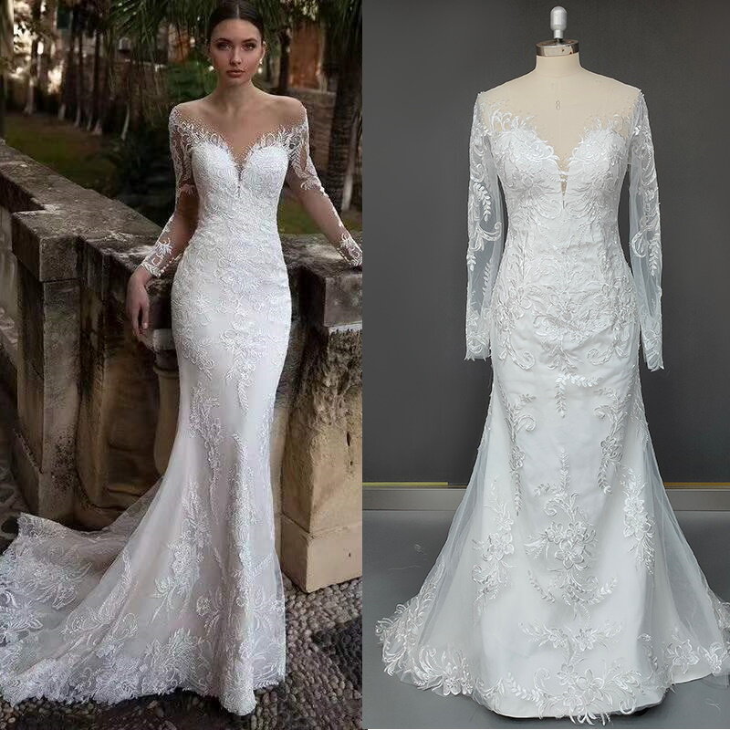 Szampańska syrenka dekolt koronkowa suknia ślubna z aplikacjami New Arrival długie rękawy trąbka suknia ślubna Plus rozmiar