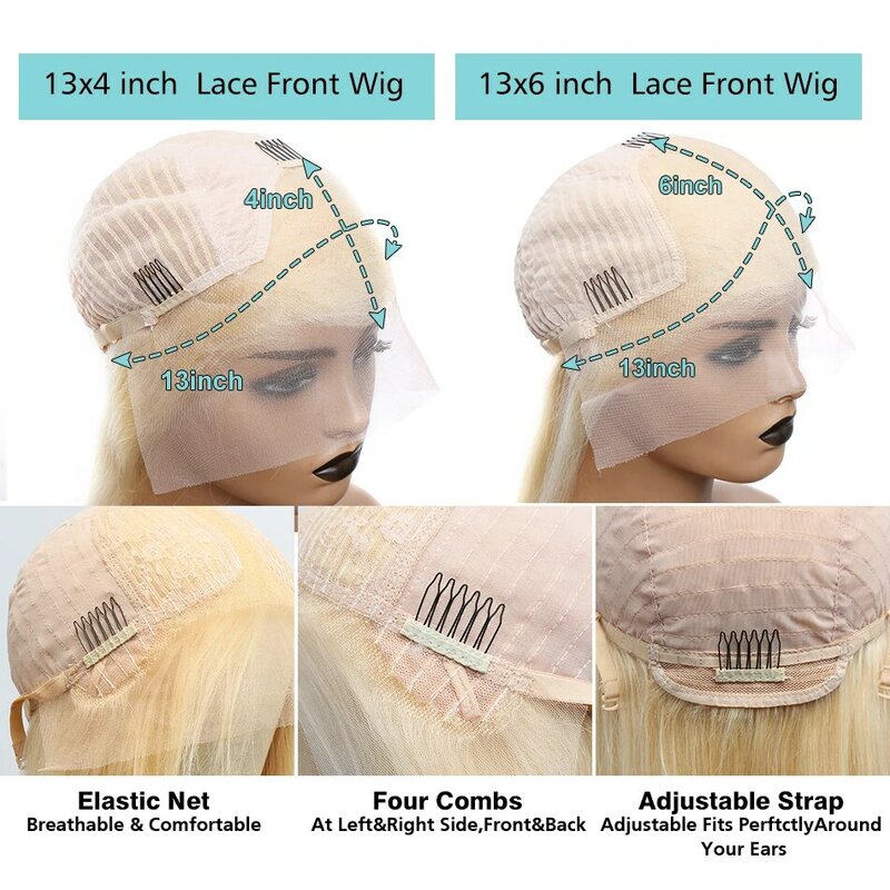 Honey Blonde Bone Straight Lace Front Wig para mulheres, perucas de cabelo humano, brasileiras, 250 Densidade, Colorido, 13x4, 13x6, 30 ", 613
