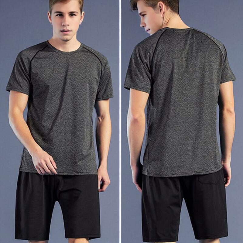 Men Sports Suit Quick-drying Fitness Outfit Men's Summer Sportwear Set O-neck Short Sleeve T-shirt Elastic Waist Wide for Active