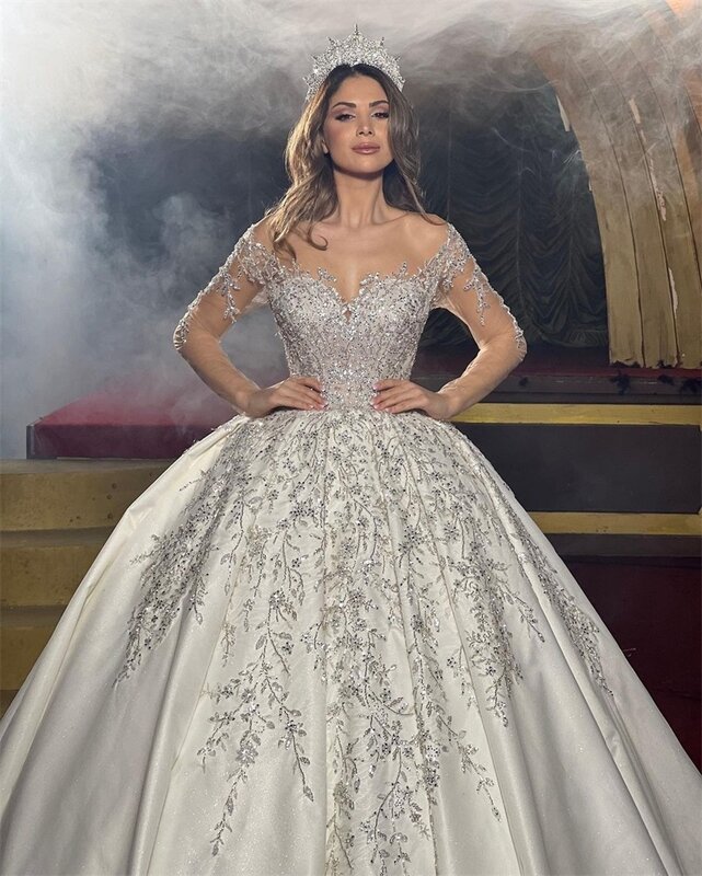Designer Crystals Ball Gowns Church Wedding Dress Sheer Neck Elegant Hand Made Boho Custom Made Lace Up Back Vestina