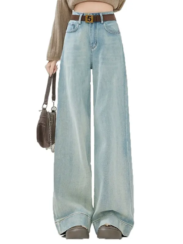 Casual Street Vintage Classic Straight Female Wide Leg Pants American New Simple Fashion Solid Color High Waist Slim Jeans Women
