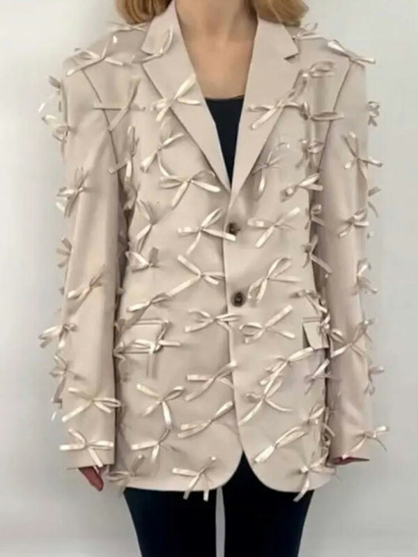 KBQ Patchwork Bowknot Blazers For Women Notched Collar Long Sleeve Spliced Button Casual Design Blazer Female Fashion Clothing