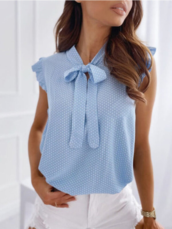 여성용 블라우스 반팔 셔츠, 레이스 업 물방울 무늬 상의, 프릴 풀오버 빈티지, 여름 활