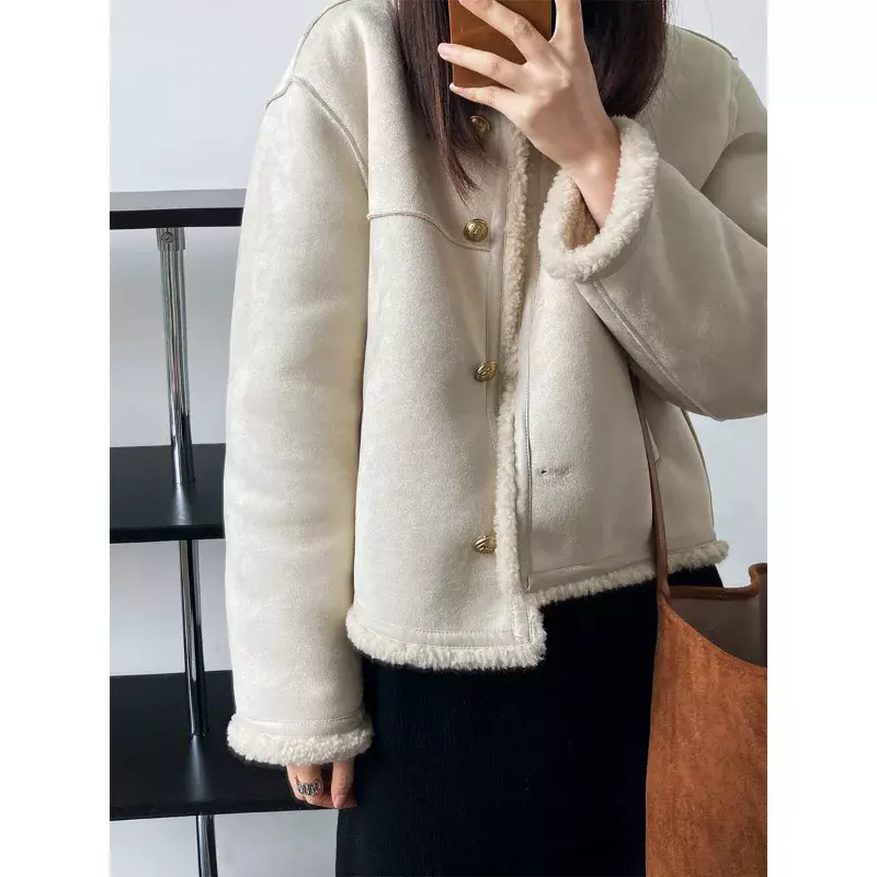 Suede Lamb Plush Casual Jacket Women's Autumn Winter Small Fragrance O NeckLong-sleeved French Double Faced Fur Jacket Female