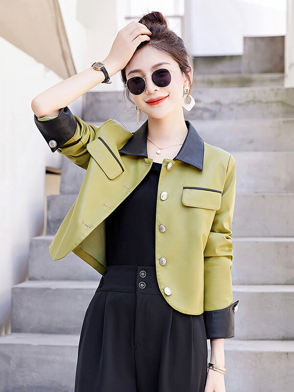 Nova jaqueta de couro curta com design elegante para mulheres primavera outono Moda Casaco curto com gola virada para baixo e peito único Couro dividido